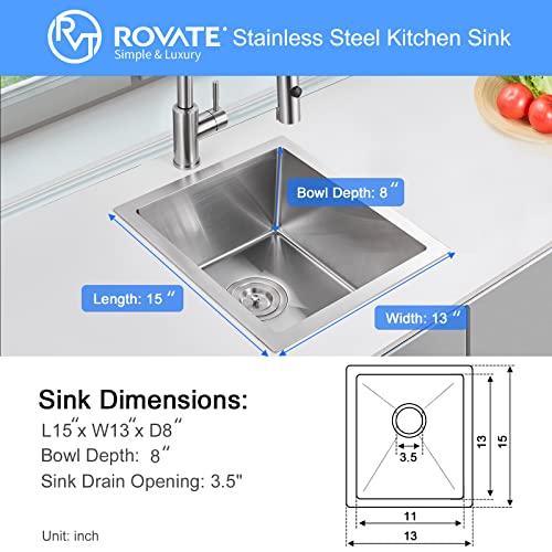ROVATE Bar Sink, ROVATE 13 x 15 inch Undermount Bar or Kitchen Sink, Handmade Single Bowl T-304 Stainless Steel Small Wet Bar Sinks - Image 4