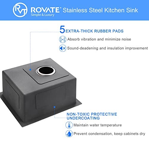 ROVATE Bar Sink, ROVATE 13 x 15 inch Undermount Bar or Kitchen Sink, Handmade Single Bowl T-304 Stainless Steel Small Wet Bar Sinks - Image 5