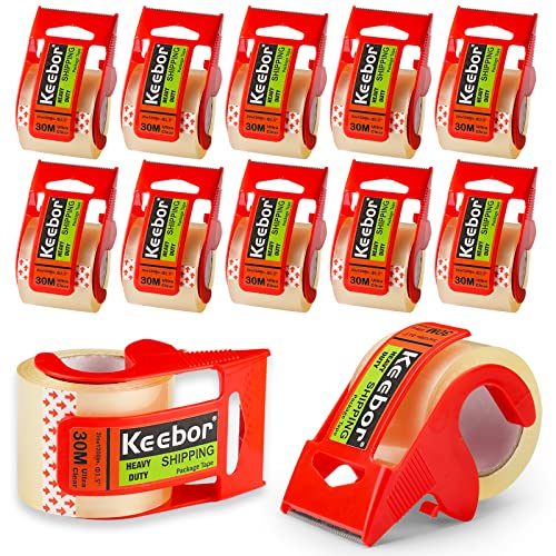 Keebor Packing Tape with Dispenser, 12 Rolls Clear Shiping Package Tape, 2'' x 32.8 yd, 1.5'' Core, Designed for Packing, Shipping & Mailing - Image 1