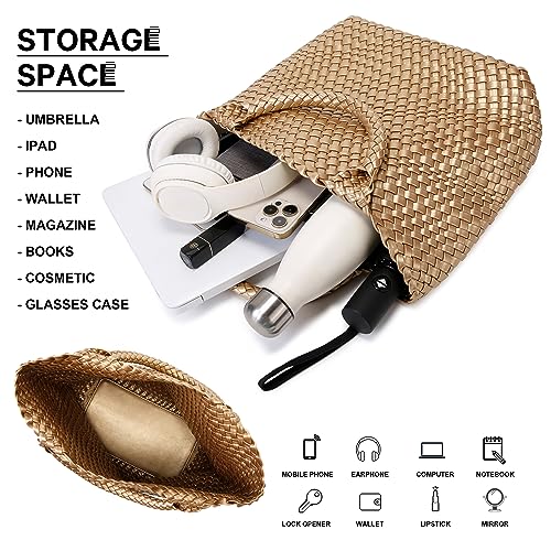 Queenoris Woven Bag for Women, Vegan Leather Tote Bag Large Summer Beach Travel Handbag and Purse Retro Handmade Shoulder Bag (Golden) - Image 4