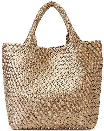 Queenoris Woven Bag for Women, Vegan Leather Tote Bag Large Summer Beach Travel Handbag and Purse Retro Handmade Shoulder Bag (Golden) - Image 1