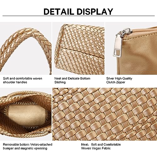 Queenoris Woven Bag for Women, Vegan Leather Tote Bag Large Summer Beach Travel Handbag and Purse Retro Handmade Shoulder Bag (Golden) - Image 5
