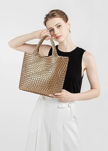 Queenoris Woven Bag for Women, Vegan Leather Tote Bag Large Summer Beach Travel Handbag and Purse Retro Handmade Shoulder Bag (Golden) - Image 2