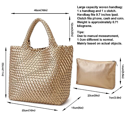 Queenoris Woven Bag for Women, Vegan Leather Tote Bag Large Summer Beach Travel Handbag and Purse Retro Handmade Shoulder Bag (Golden) - Image 3