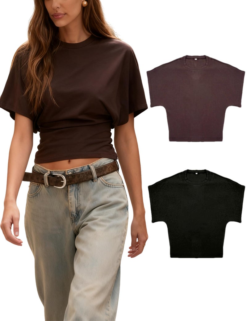 Lumister Shirts for Womens Crewneck Waist T-Shirt Casual Short Sleeve Workout Tops Solid Color Basic Tees(0781-2-BrownBlack-XS) - Image 1