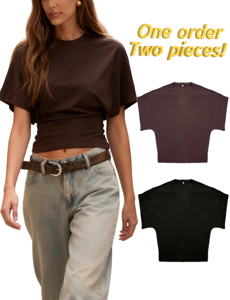 Lumister Shirts for Womens Crewneck Waist T-Shirt Casual Short Sleeve Workout Tops Solid Color Basic Tees(0781-2-BrownBlack-XS) - Image 2
