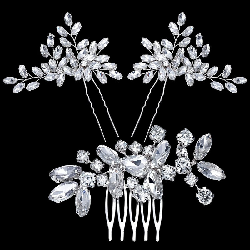 Mtlee 3 Pieces Bride Wedding Hair Comb Rhinestone Silver Bridal Hair Side Comb Crystal Hair Pieces Hair Pin Accessories for Women and Girls