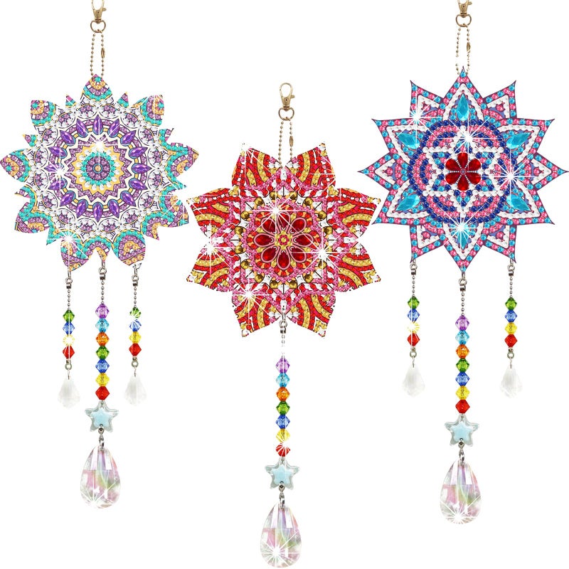 Macarrie 3 Pack Rhinestone Painting Suncatcher Wind Chime Double Sided Crystal Rhinestone Painting Hanging Ornament Flower Shape Suncatcher Kit for Adults DIY Window Home GardenVintage Style