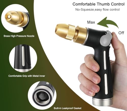 FANHAO Garden Hose Nozzle with High Pressure Jet, 100% Heavy Duty Metal Water Hose Sprayer, Thumb Flow Control, On Off Valve, Adjustable Spray Patterns for Garden Watering, Car and Pet Washing - Image 3