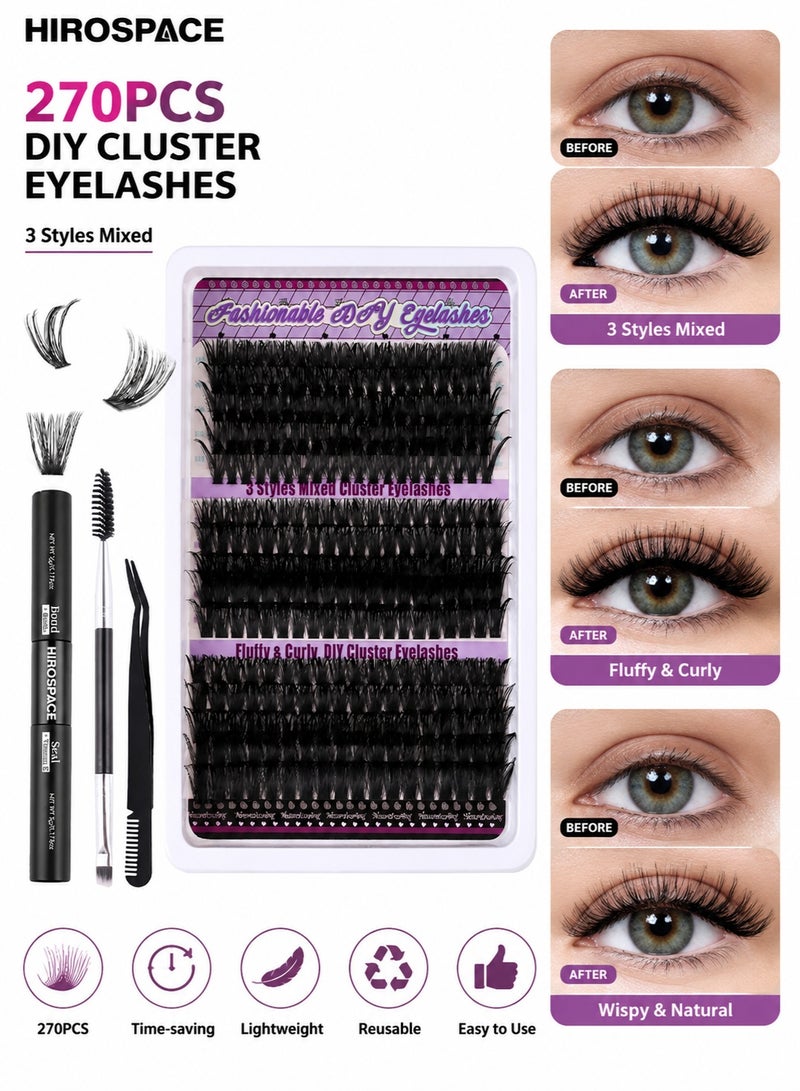 Hirospace 270 Pcs Lash Clusters, Lash Adhesive Glue & Lash Tweezer Set Eyelash Extensions Wispy False Eyelashes Lash Clusters DIY Eyelash Extensions Individual False Eyelashes for Women - Image 1
