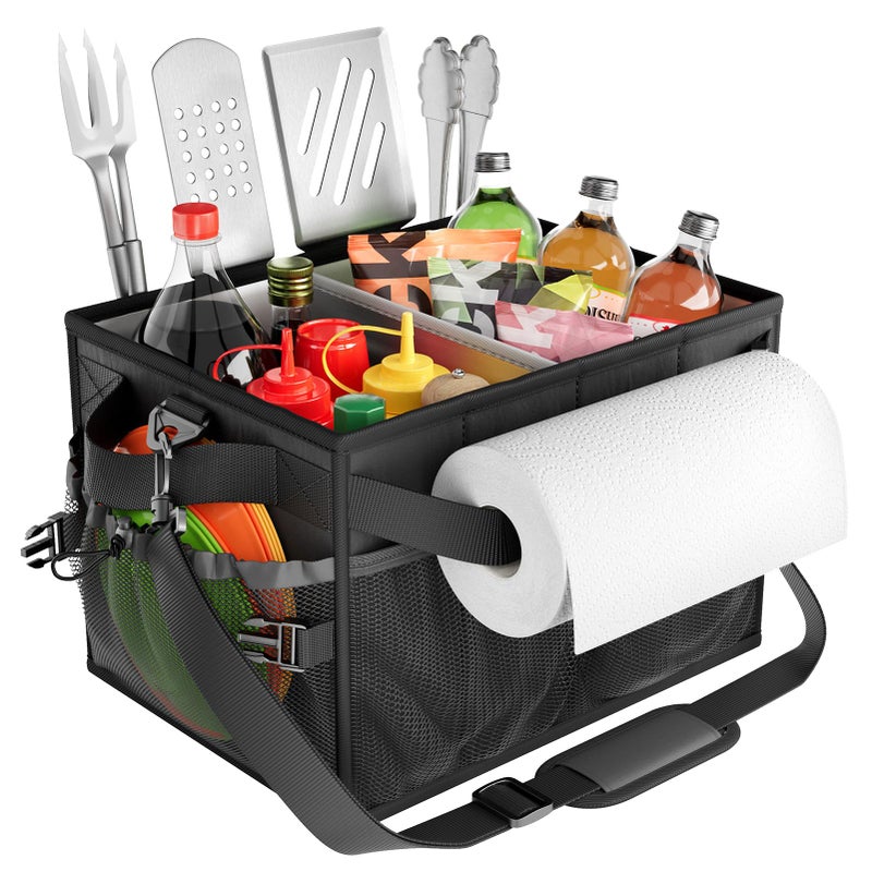FANGSUN Grill Caddy BBQ Caddy with Paper Towel Holder Picnic Griddle Caddy for Outdoor Camping Barbecue Accessories Storage Organizer for Utensil Grilling Tool Must Have for Camper Tailgating Rv