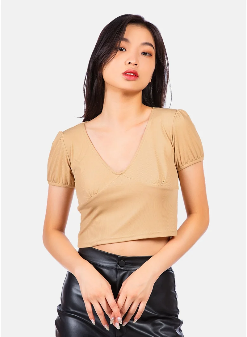 London Rag London Rag Taupe Pleated V Neck Top