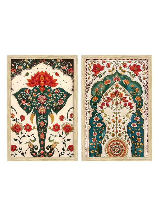 ArtX Paper Madhubani Art Paintings with Frame for Home Decor, Floral Wall Painting for Living Room, Multicolor, Natural Wood Color Frames, Set of 2 - Image 3