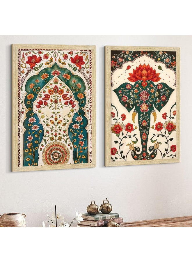 ArtX Paper Madhubani Art Paintings with Frame for Home Decor, Floral Wall Painting for Living Room, Multicolor, Natural Wood Color Frames, Set of 2 - Image 1