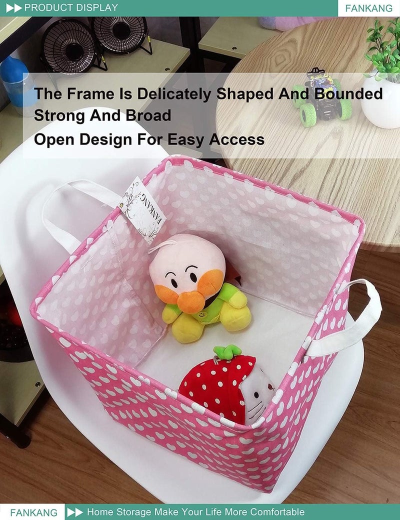 FANKANG Square Nursery Hamper Storage Bins Canvas Laundry Basket Foldable with Waterproof PE Coating Storage Baskets Gift Baskets for Children, Office, Bedroom, Clothes（Square-Pink Heart ） - Image 4
