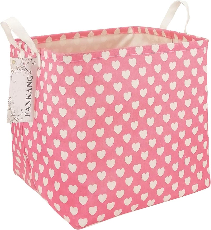 FANKANG Square Nursery Hamper Storage Bins Canvas Laundry Basket Foldable with Waterproof PE Coating Storage Baskets Gift Baskets for Children, Office, Bedroom, Clothes（Square-Pink Heart ） - Image 1
