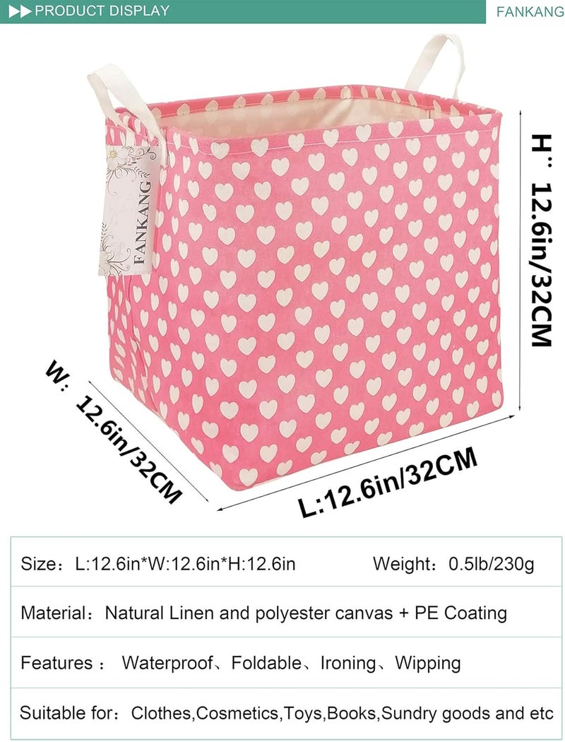 FANKANG Square Nursery Hamper Storage Bins Canvas Laundry Basket Foldable with Waterproof PE Coating Storage Baskets Gift Baskets for Children, Office, Bedroom, Clothes（Square-Pink Heart ） - Image 2