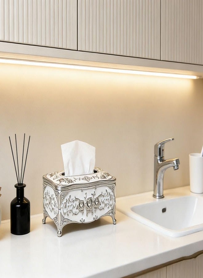 acdiac Bling Rhinestone Tissue Box Holder,Luxurious European Style Rose Tissue Box Cover for edroom,Office,Bathroom,Home,Travel,Restaurant (Silver&White) - Image 3