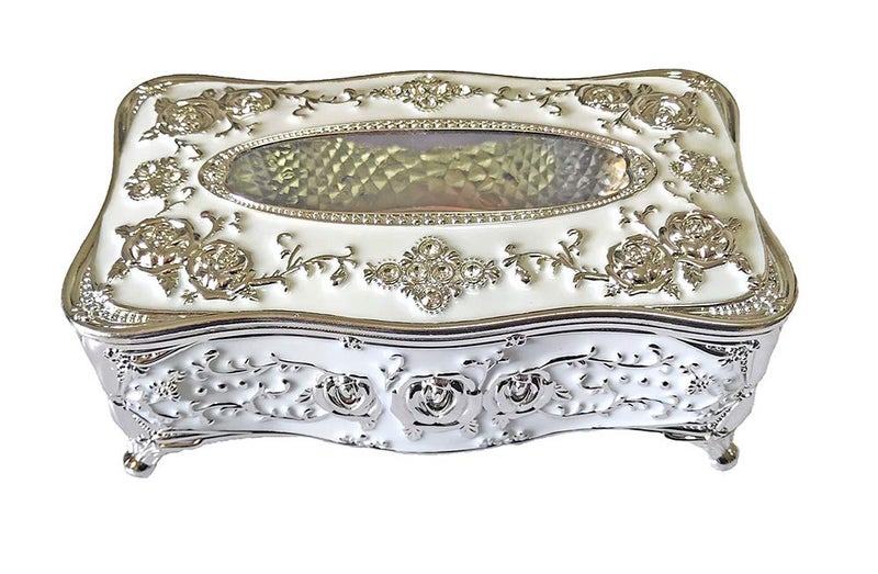acdiac Bling Rhinestone Tissue Box Holder,Luxurious European Style Rose Tissue Box Cover for edroom,Office,Bathroom,Home,Travel,Restaurant (Silver&White) - Image 1