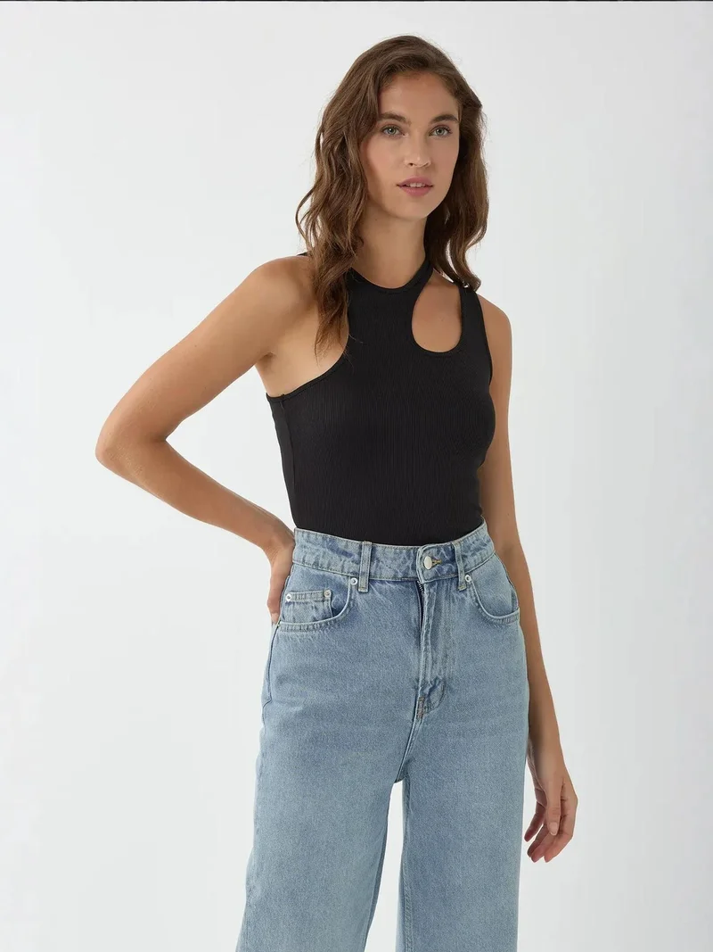 HICCUP Black Asymmetrical Collar Crop Top for Women | Best Price UAE