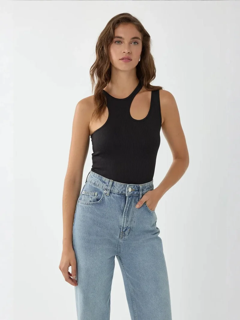 HICCUP Black Asymmetrical Collar Crop Top for Women | Best Price UAE