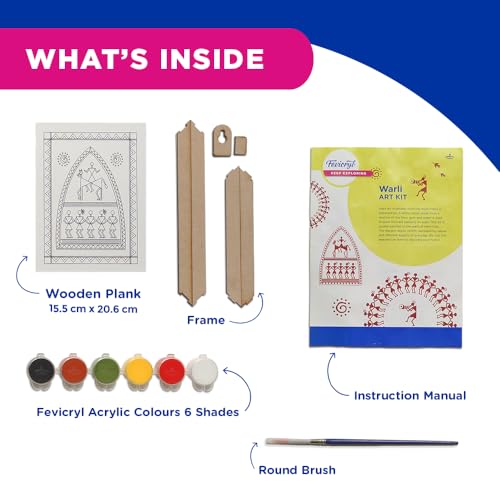 Fevicryl Warli Mini Art Kit | All-Inclusive DIY Kit of Wooden Plank with Hook, Acrylic Colours, Brush | for Artists, Students, Hobbyists & Gifting | Ideal for Age 14 + - Image 2