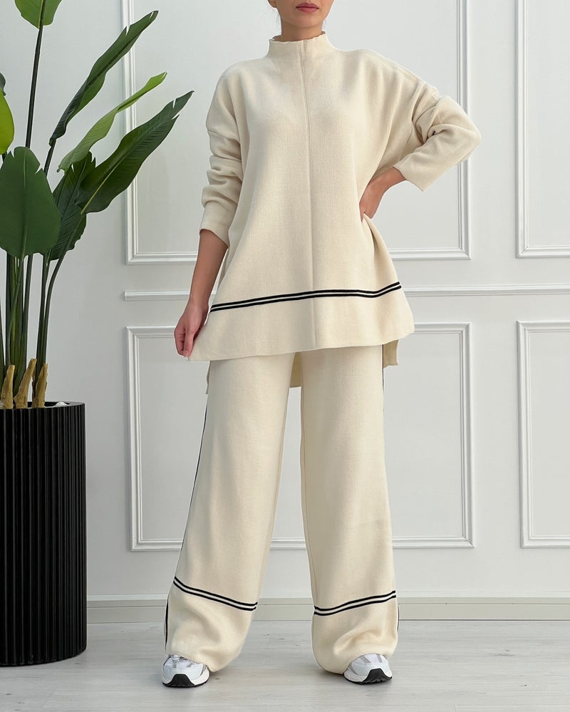 2023 Autumn Fashion Colorblock Knit Top Set Women Apricot - Image 1