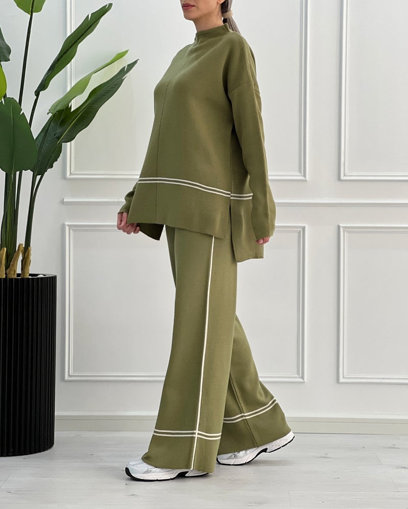 2023 Autumn Fashion Colorblock Knit Top Set Women Apricot - Image 2