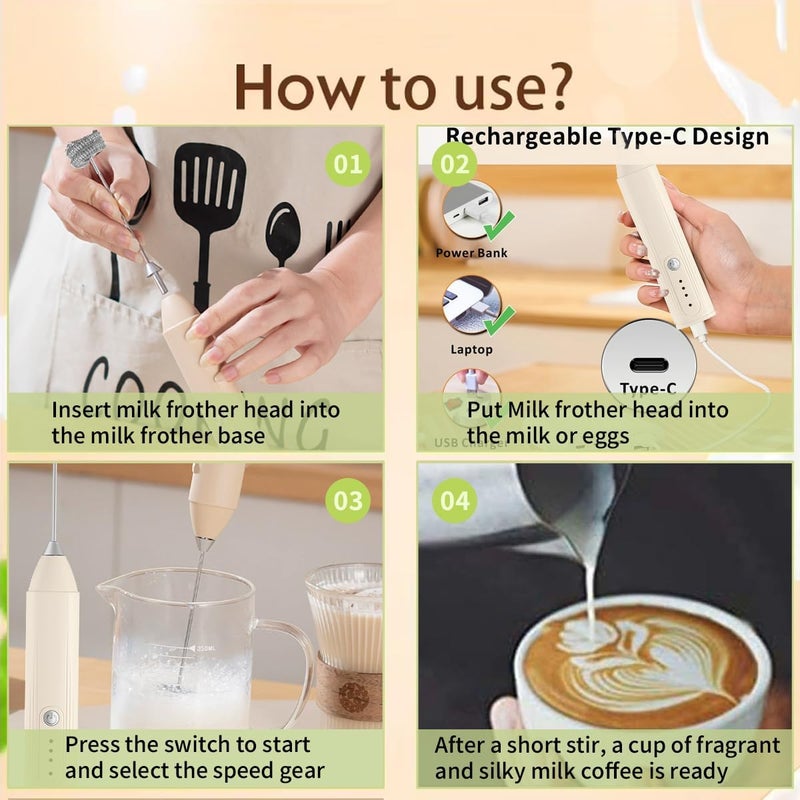 MITCMOLARD Milk Frother, Coffee Mixer, Electric Coffee Whisk, 3 Speeds, Rechargeable, Beige - Image 5
