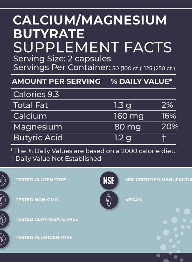 BodyBio بيوتيرات مع الكالسيوم والمغنيسيوم - يدعم الهضم الصحي، الأمعاء والميكروبيوم - إصلاح الأمعاء المتسربة - التحكم في الانتفاخ - استجابة التهاب صحية - وقود للأمعاء الصحية - 250 كبسولة - Image 2