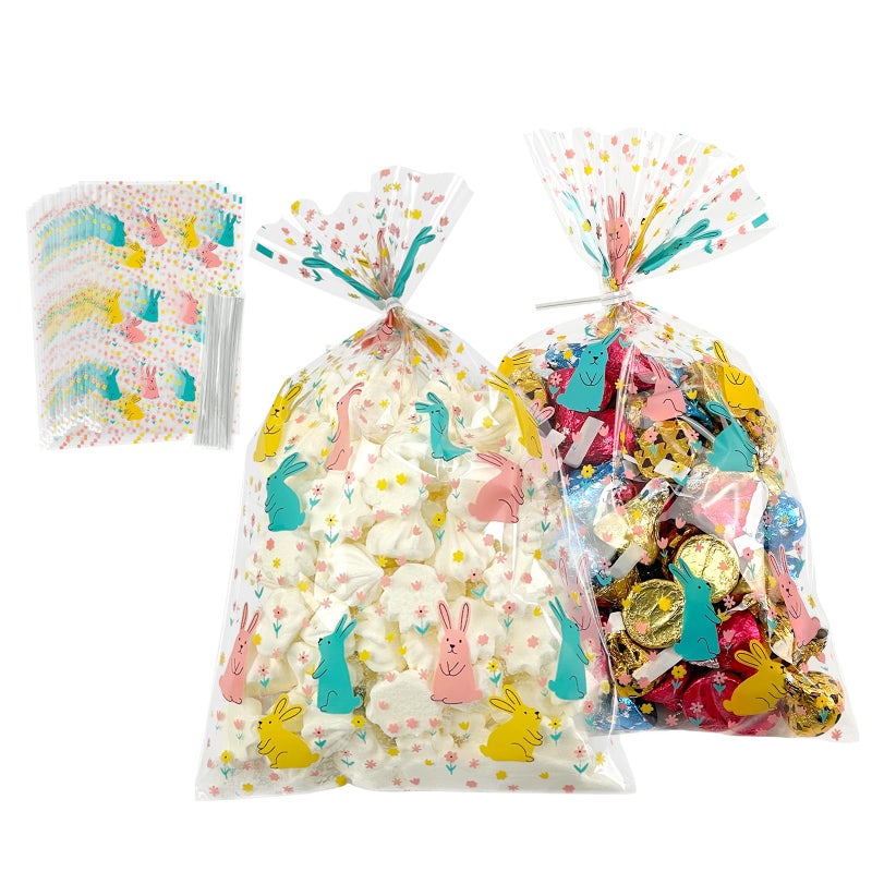 EKAPACKAGING 50Pcs 6x10 Inches Easter Candy Bags with Ties, Easter Bunny Cellophane Treat Bags, Clear Gift Bags Bulk, Easter Goodie Bags for Kids, Snack, Party Favors - Image 1