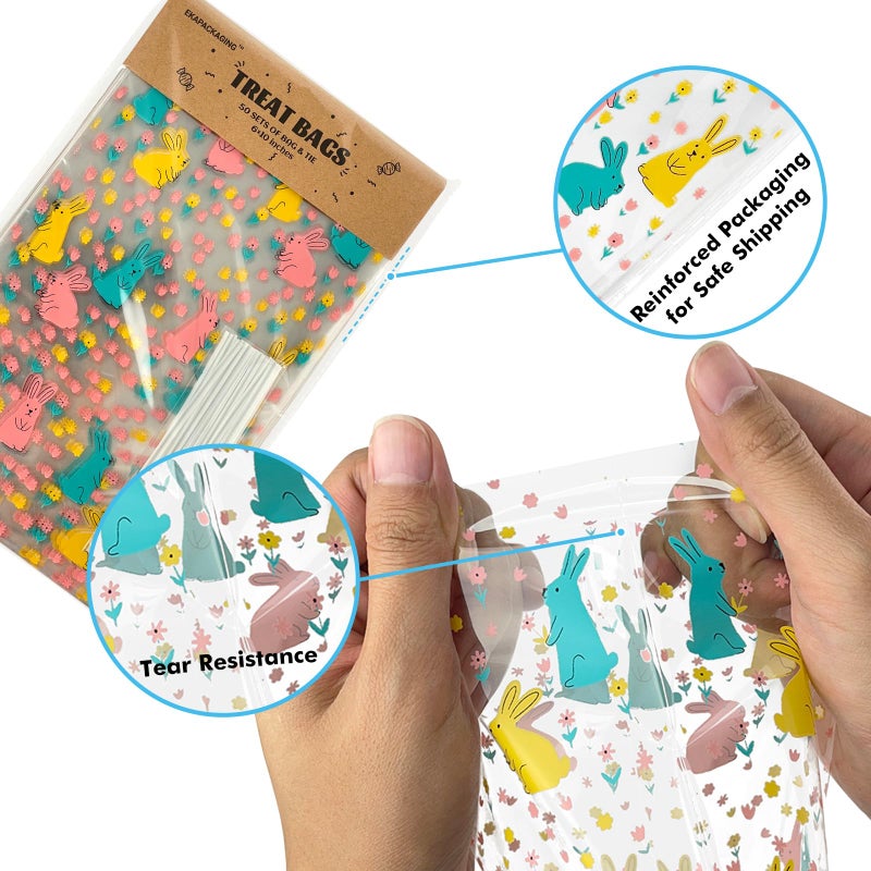 EKAPACKAGING 50Pcs 6x10 Inches Easter Candy Bags with Ties, Easter Bunny Cellophane Treat Bags, Clear Gift Bags Bulk, Easter Goodie Bags for Kids, Snack, Party Favors - Image 4