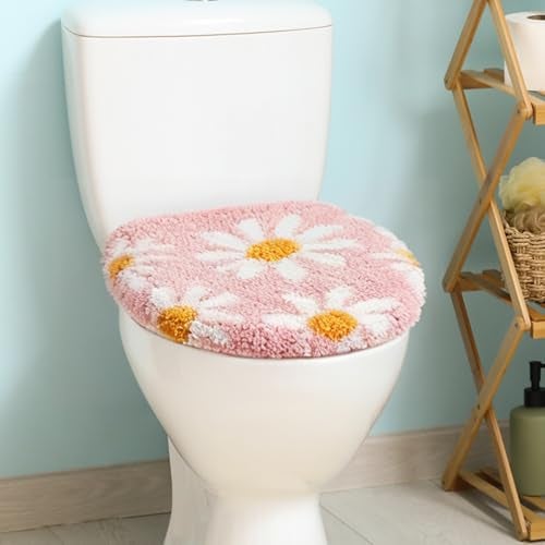 mamrug Pink Flower Bathroom Toilet lid, Cute Daisy Toilet lid Cover, Machine Washable, Beautiful and Soft Bathroom Decoration Suitable for Most Round, Oval and Long Toilet Seats (Pink) - Image 1