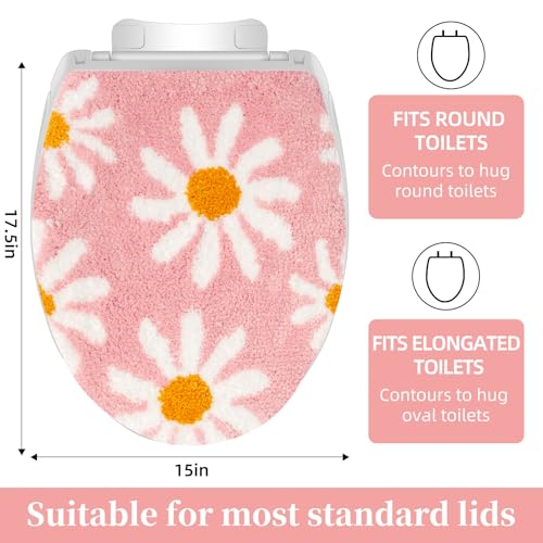 mamrug Pink Flower Bathroom Toilet lid, Cute Daisy Toilet lid Cover, Machine Washable, Beautiful and Soft Bathroom Decoration Suitable for Most Round, Oval and Long Toilet Seats (Pink) - Image 2