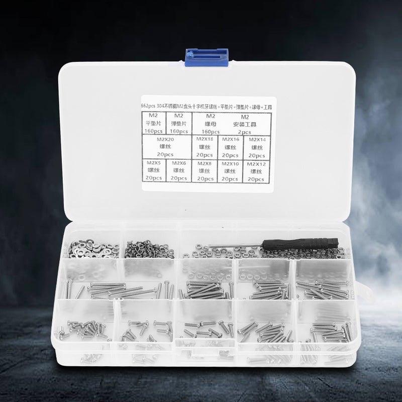 662PCS M2 Screw Set 304 Stainless Steel Pan Head Cross Machine Screw+Flat Elastic Washer+Nut - Image 5