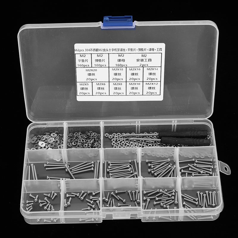 662PCS M2 Screw Set 304 Stainless Steel Pan Head Cross Machine Screw+Flat Elastic Washer+Nut - Image 4