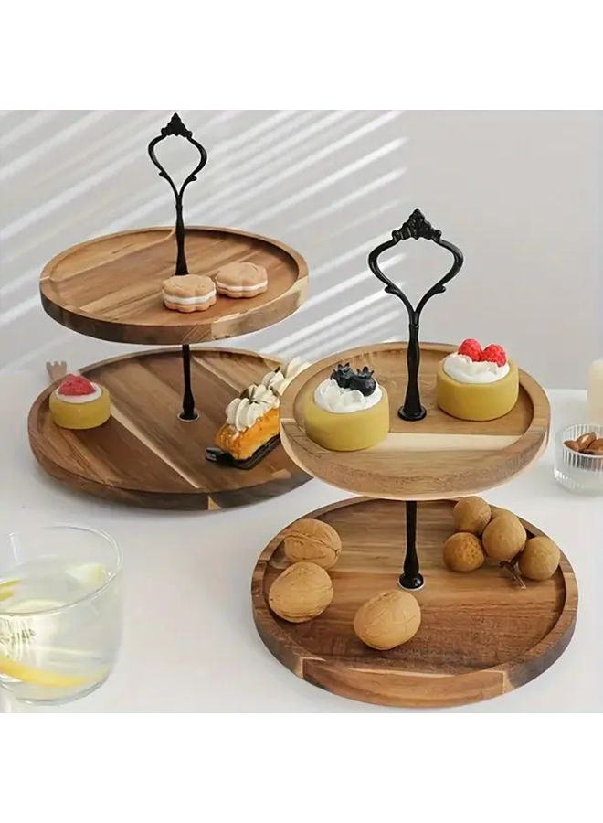 A Wooden Golden Double Layer Solid Wood Cake Stand 2 Tier Farmhouse Dessert Tower Display Rack for Tea Party Wedding Serving Cakes and Pastries - Image 1
