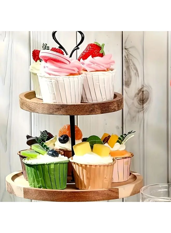A Wooden Golden Double Layer Solid Wood Cake Stand 2 Tier Farmhouse Dessert Tower Display Rack for Tea Party Wedding Serving Cakes and Pastries - Image 4