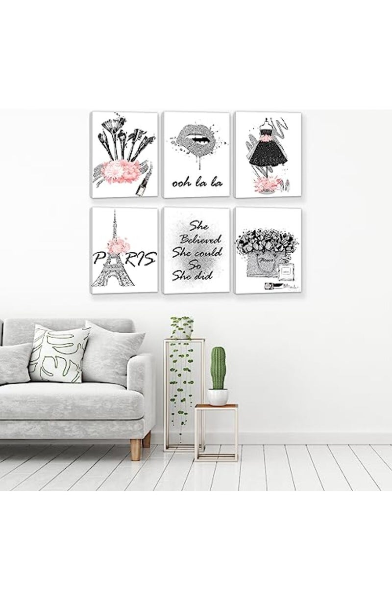 HoozGee Framed Fashion Wall Art Girl Room Decor with WOODEN FRAME INSIDE Wall Art Decor Pink and Silver Gray Makeup Artwork Canvas Print Flower Paris Art Posters for Bedroom Decor (11"x14" FRAME) - Image 5