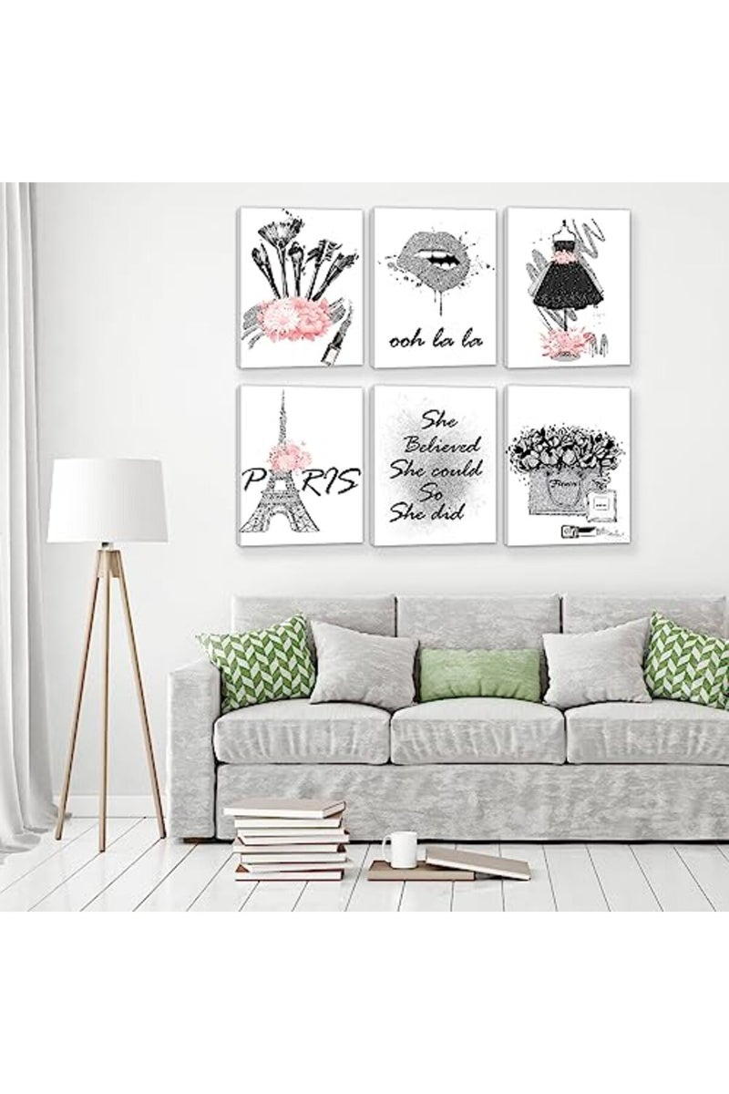 HoozGee Framed Fashion Wall Art Girl Room Decor with WOODEN FRAME INSIDE Wall Art Decor Pink and Silver Gray Makeup Artwork Canvas Print Flower Paris Art Posters for Bedroom Decor (11"x14" FRAME) - Image 4