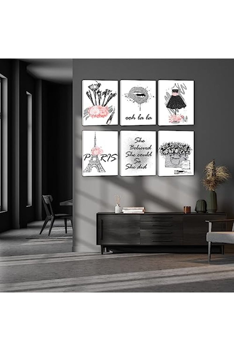 HoozGee Framed Fashion Wall Art Girl Room Decor with WOODEN FRAME INSIDE Wall Art Decor Pink and Silver Gray Makeup Artwork Canvas Print Flower Paris Art Posters for Bedroom Decor (11"x14" FRAME) - Image 3