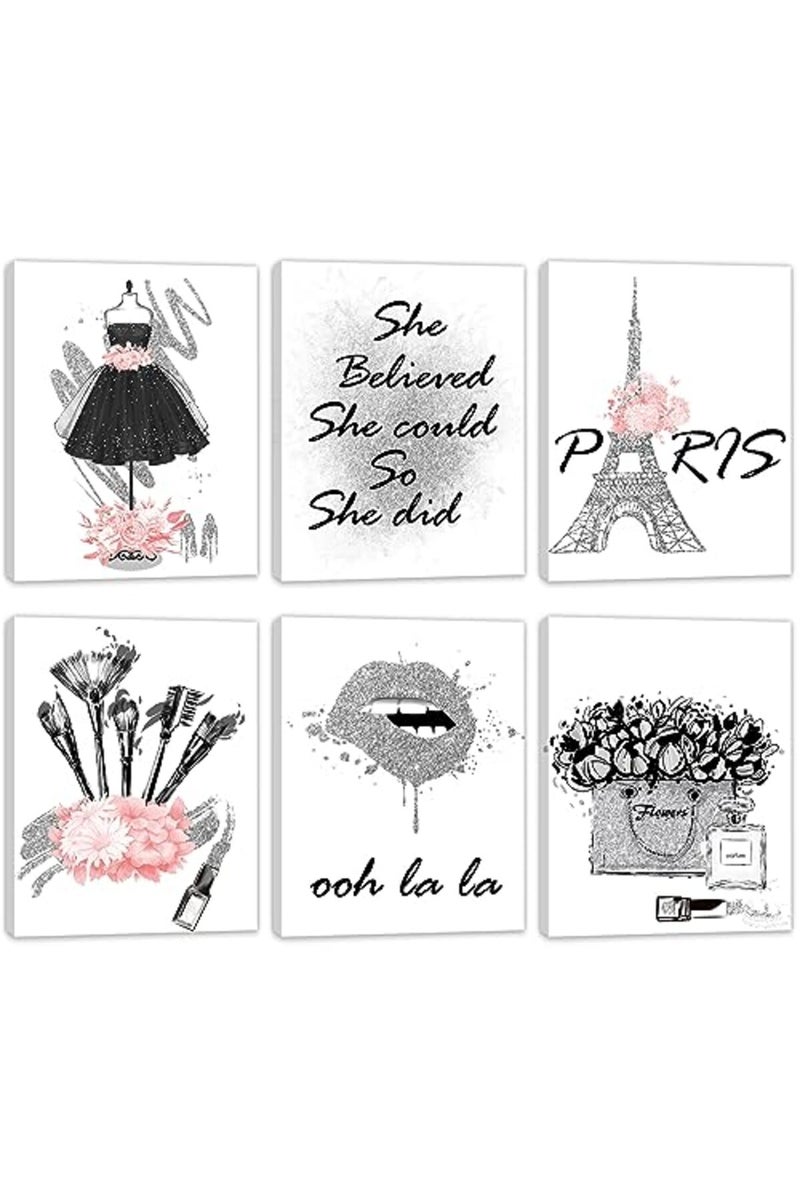 HoozGee Framed Fashion Wall Art Girl Room Decor with WOODEN FRAME INSIDE Wall Art Decor Pink and Silver Gray Makeup Artwork Canvas Print Flower Paris Art Posters for Bedroom Decor (11"x14" FRAME) - Image 2