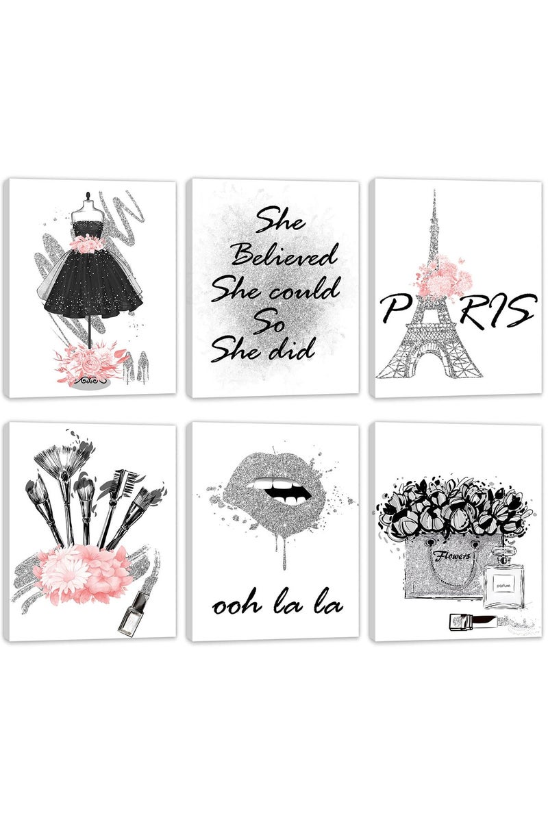 HoozGee Framed Fashion Wall Art Girl Room Decor with WOODEN FRAME INSIDE Wall Art Decor Pink and Silver Gray Makeup Artwork Canvas Print Flower Paris Art Posters for Bedroom Decor (11"x14" FRAME) - Image 1