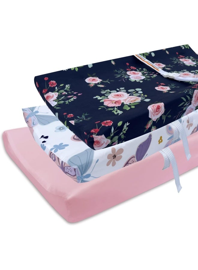 AMROSE 3 Pack Easy Care Changing Pad Covers, Ultra Soft Microfiber Diaper Change Table Sheets for Baby Girls, Floral & Butterfly & Pink - Image 1