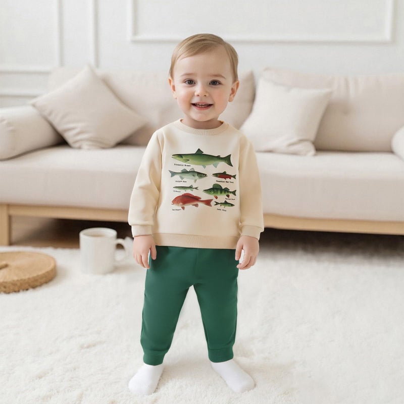 Fernvia Toddler Baby Boy Fall Clothes Animal Print Long Sleeve Pullover Tops + Drawstring Pants Winter Outfits (C-Green Fish, 12-18 Months) - Image 2
