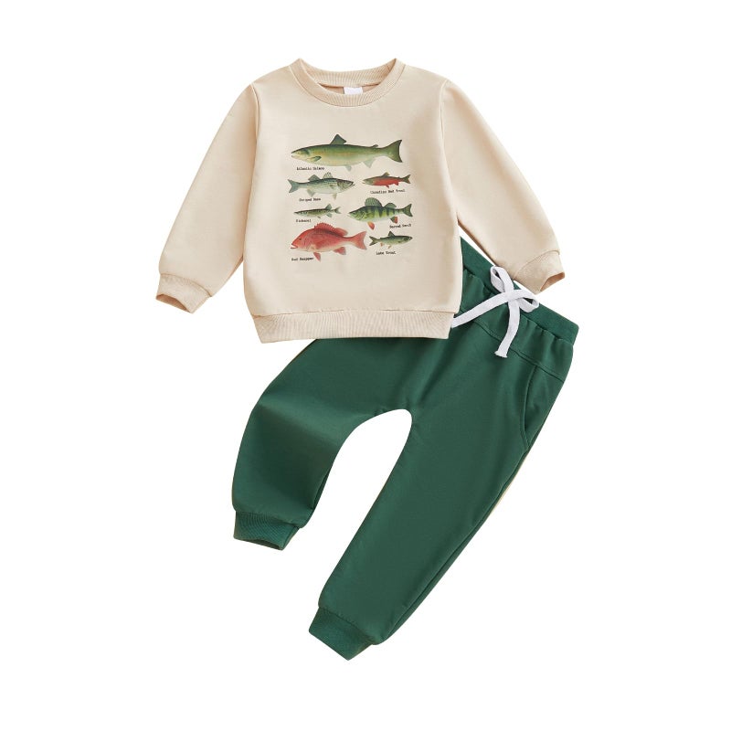 Fernvia Toddler Baby Boy Fall Clothes Animal Print Long Sleeve Pullover Tops + Drawstring Pants Winter Outfits (C-Green Fish, 12-18 Months) - Image 1