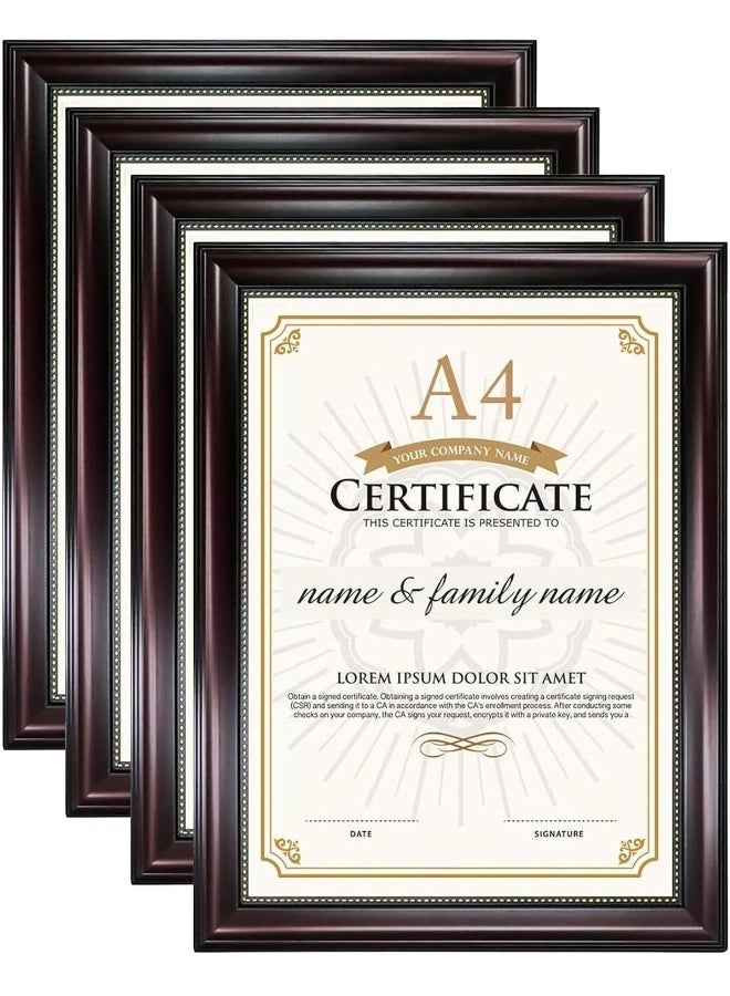 A4 CERTIFICATE FRAME, REAL GLASS, WALL MOUNTED & TABLETOP DISPLAY, MAHOGANY WITH GOLD BEADED, FRAME SIZE 26.5X35.3CM PACK OF 4