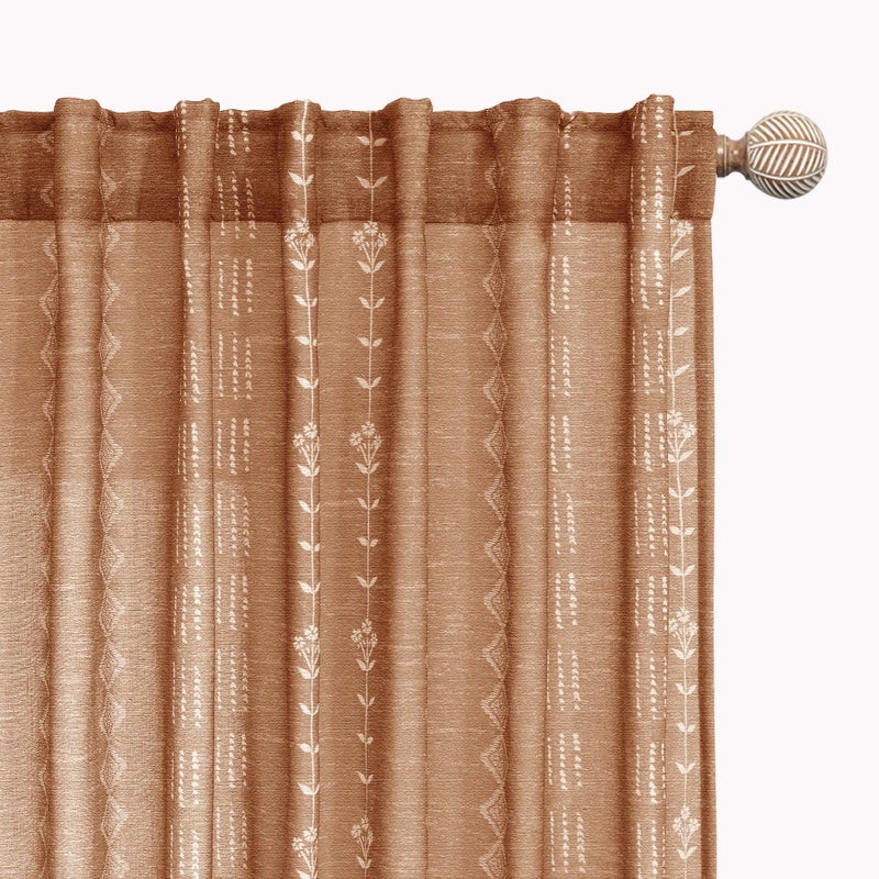 Lino Rosa Retro Country Curtains 63 Inch Length for Living Room Kitchen Window 2 Panel Set,Sheer Fun Print Rust Burnt Orange Funky Floral Printed Boho Mid Century Modern Curtains for Bedroom 63 Inches Long - Image 1