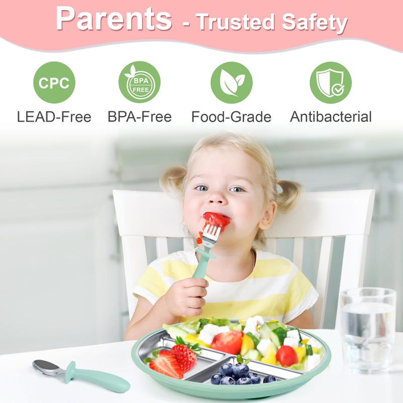 Bella's Friends Bellaâ€™s Friends Baby Feeding Set, 2 Pack Stainless Steel Divided Plate with Silicone Suction, 2 Set Spoons and Forks, BPA Free, Dishwasher Safe, Baby Led Weaning Supplies, Toddler Utensils,beige green - Image 2