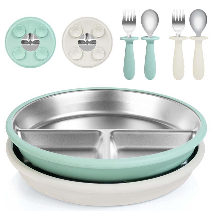 Bella's Friends Bellaâ€™s Friends Baby Feeding Set, 2 Pack Stainless Steel Divided Plate with Silicone Suction, 2 Set Spoons and Forks, BPA Free, Dishwasher Safe, Baby Led Weaning Supplies, Toddler Utensils,beige green - Image 1